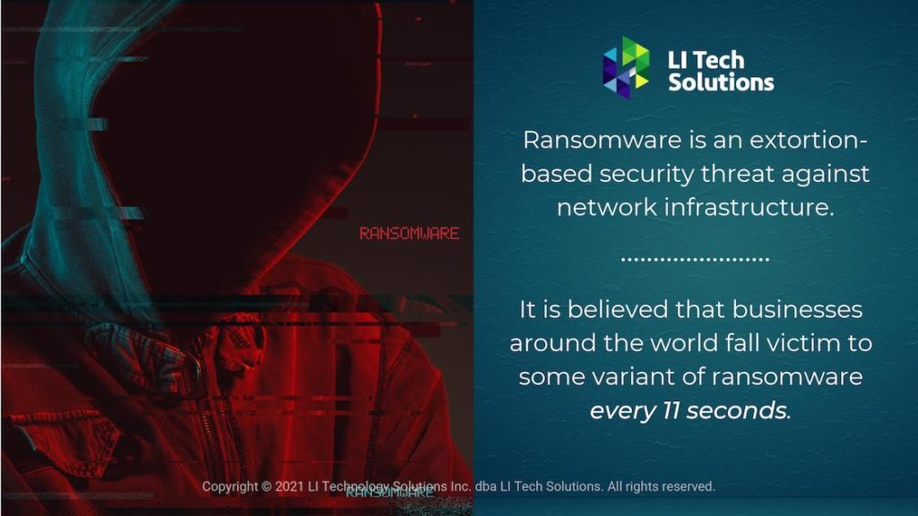 Callout 1 - hooded faceless person in black background Text: Ransomware is an extortion-based security threat against infrastructure