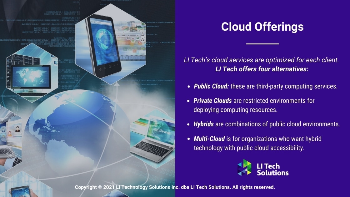 Callout 1- 3D global concept of cloud computing with Text: Cloud Offerings LI Tech offers 4 alternatives with bullet points