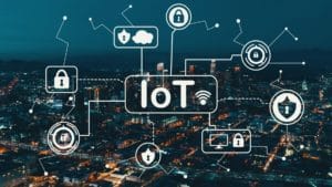 Internet of Things (IoT) security theme with nighttime cityscape