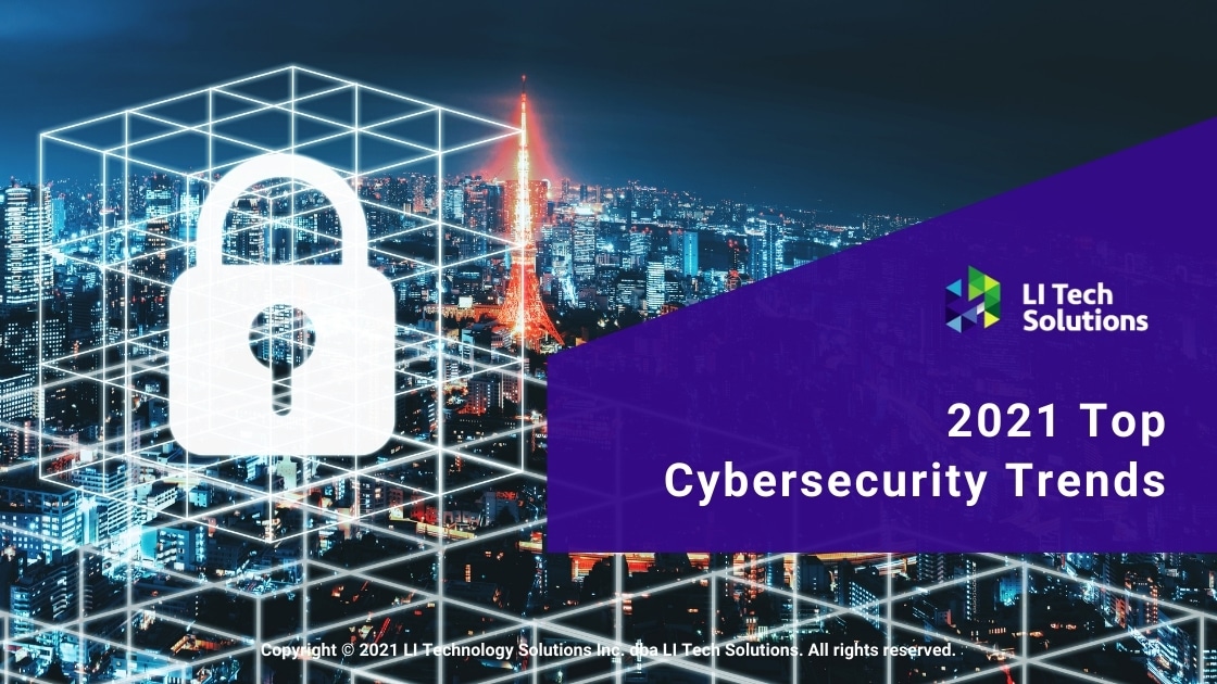 Secure lock icon on global network cityscape-Title: 2021 Top Cybersecurity Trends