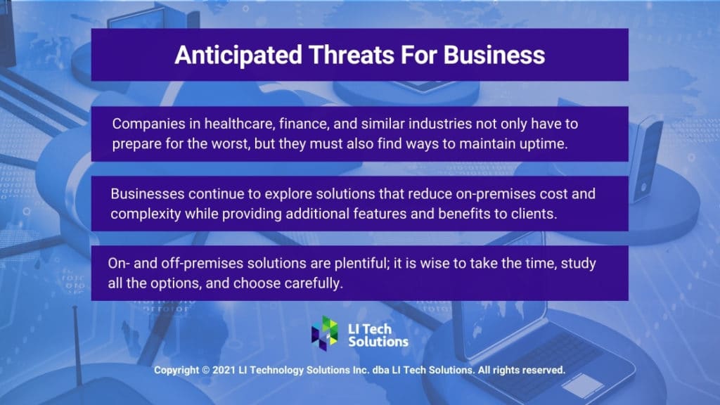 Callout 3- Three Anticipated Threats for Business listed with blue cloud computing background