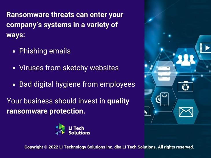 Callout 1: Data protection privacy concept - Ransomware threats can enter your company's system in variety of ways - 3 bullet points