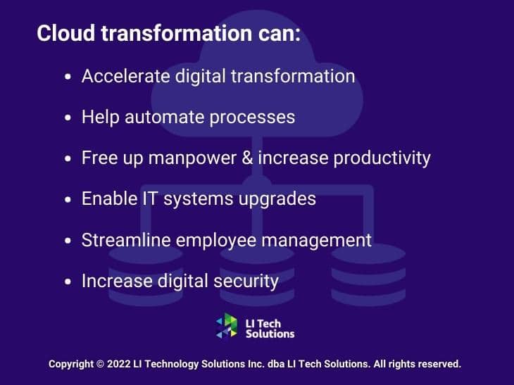 Callout 3: Dark blue background - Cloud transformation can - lists 6 benefits