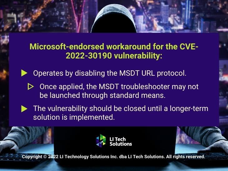 Callout 2: Hooded hacked sitting in front of laptop computer - Microsoft-endorsed workaround for the CVE-2022-30190 vulnerability - 3 facts listed