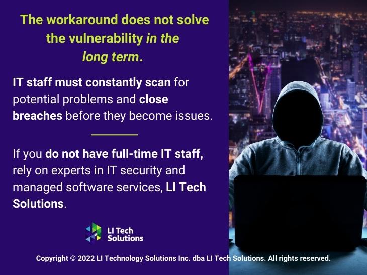 Callout 3: Hooded hacker in cyberspace in front of black laptop - 2 facts given about important of managed services like LI Tech Solutions to monitor for problems