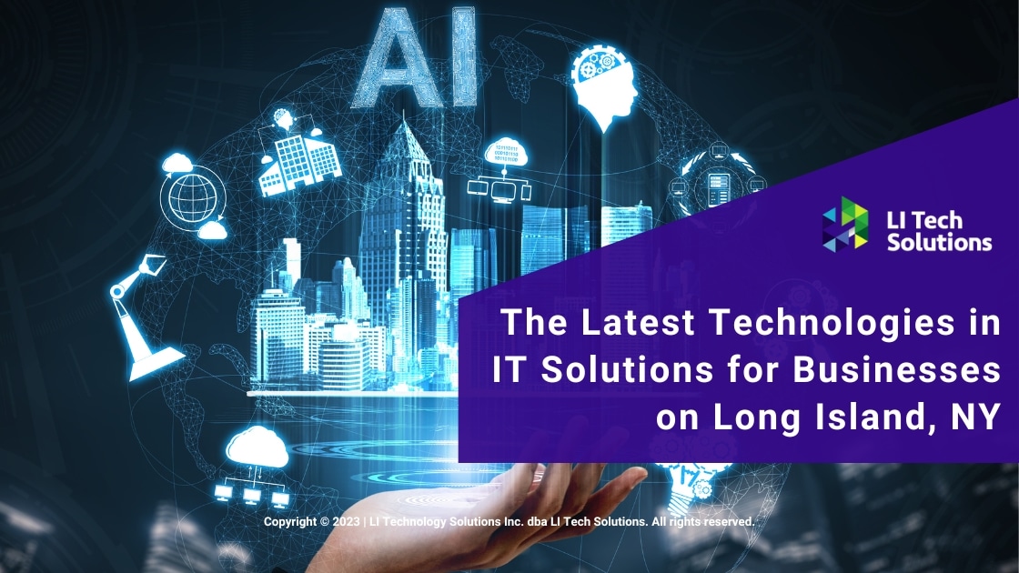 Featured: AI technology concept icons over NYC cityscape- The Latest Technologies in IT Solutions for Businesses on Long Island, NY