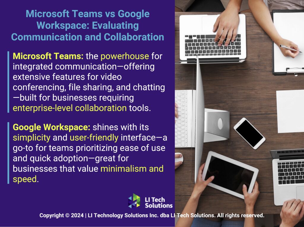 Callout 2: Group of  people working at tables with computers and devices- Microsoft Teams vs Google Workspace- Evaluating communications and collaboration