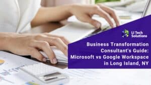 Featured: Female working at desk on computer: Business Transformation Consultant's Guide: Microsoft vs Google Workspace in Long Island, NY