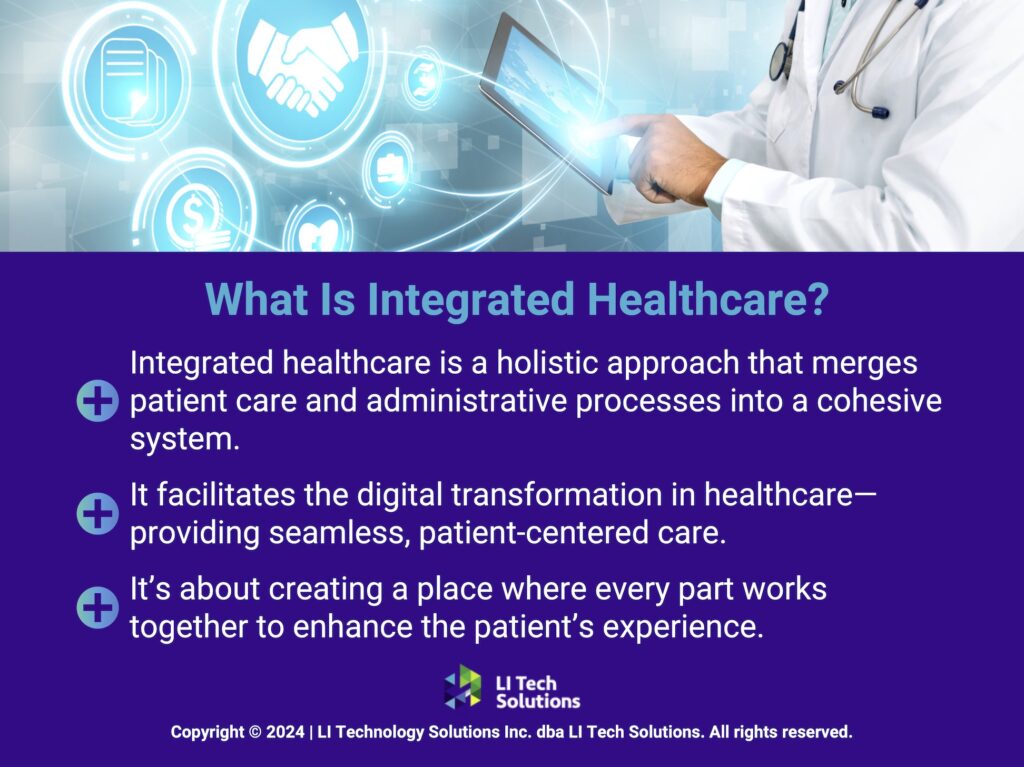 Callout 1: Doctor holding a tablet with health insurance related icons interface- What is integrated healthcare- 3 facts.