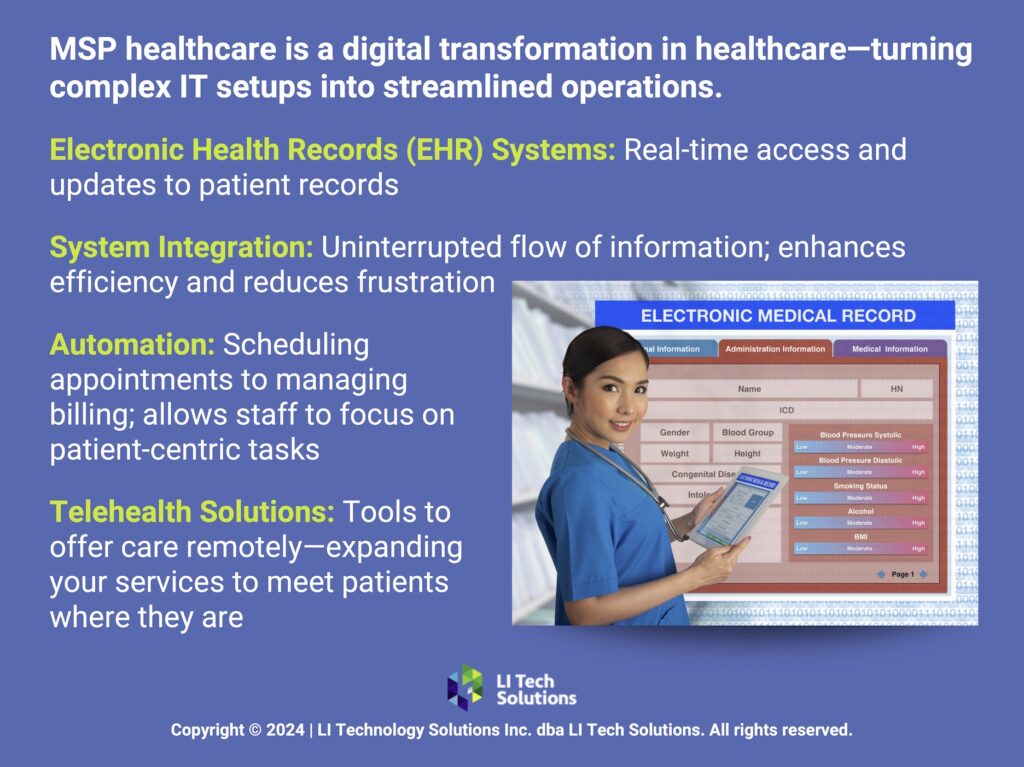 Callout 2: Female doctor holding tablet showing medical record form- MSP healthcare turns complex IT setup into streamlined operations-4 features