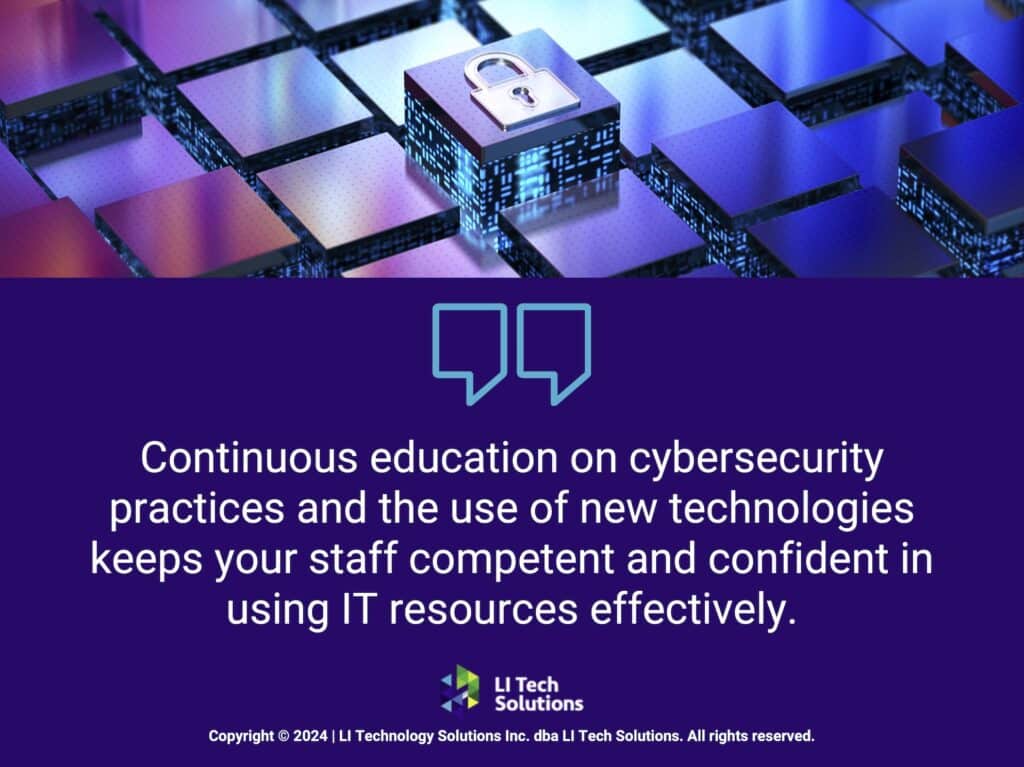 Callout 1: cybersecurity lock icon- quote from text about cybersecurity practices and education with IT support