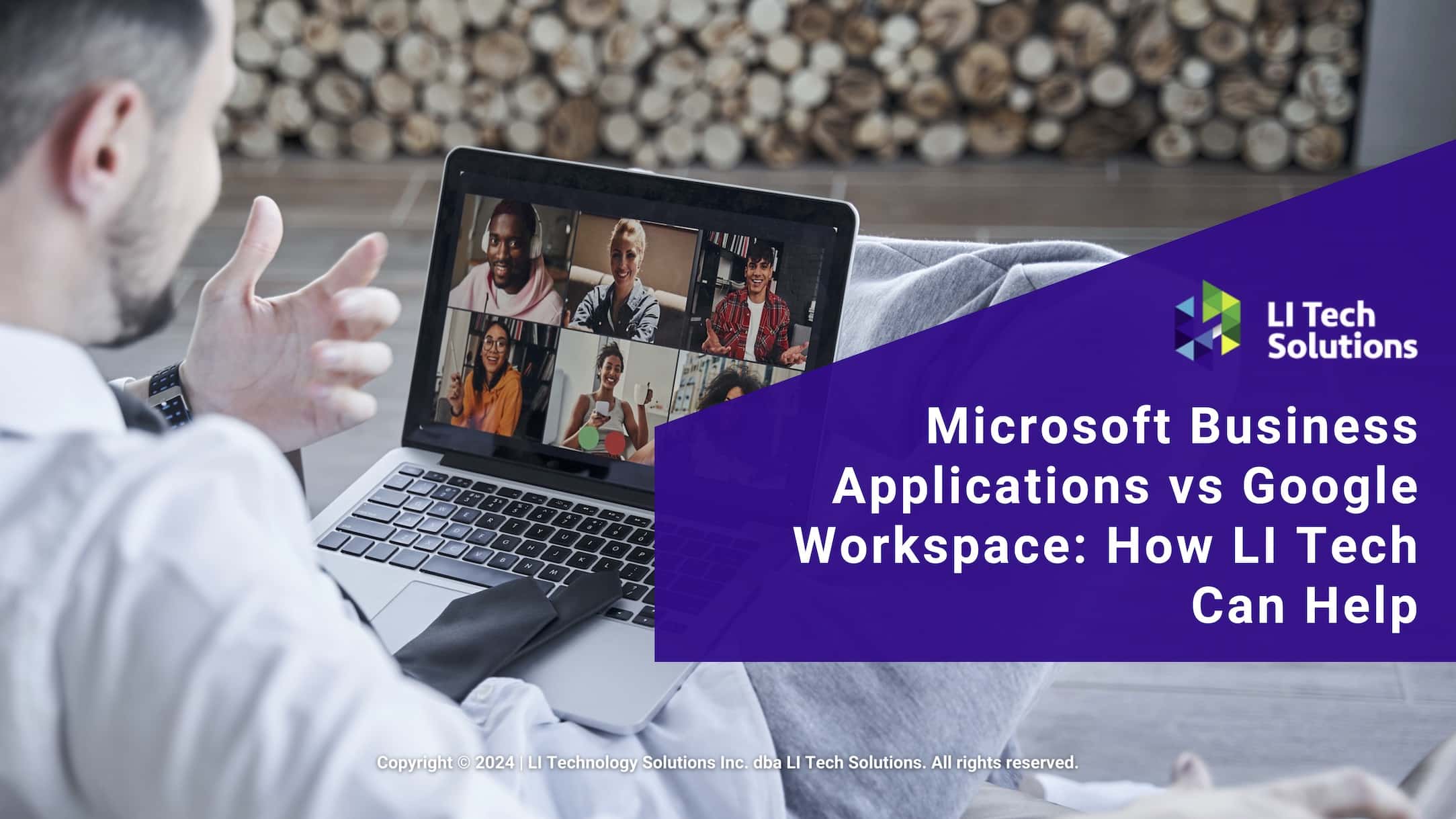 Featured: Businessman in team call on laptop- Microsoft Business Applications vs Google Workspace: How LI Tech Can Help