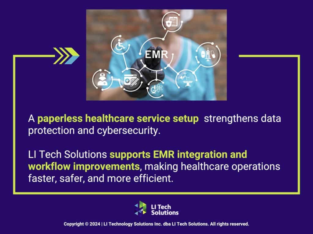 Callout 3: Nurse using virtual touch screen- paperless healthcare service- EMR integration.