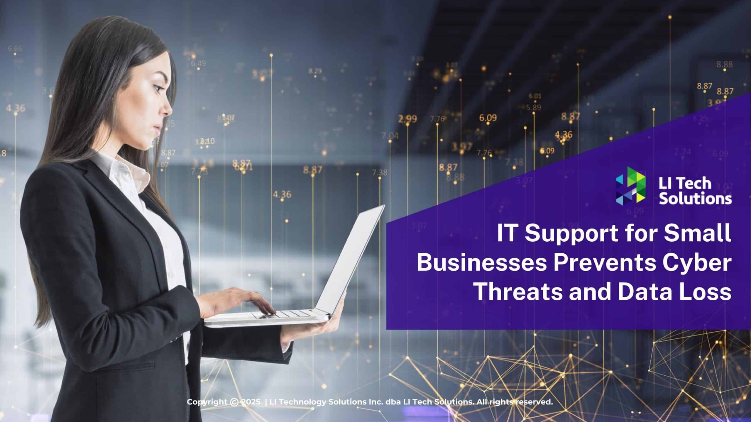 Businesswoman stands in front of futuristic data visualization-IT Support for Small Businesses Prevent Cyber Threats & Data Loss.