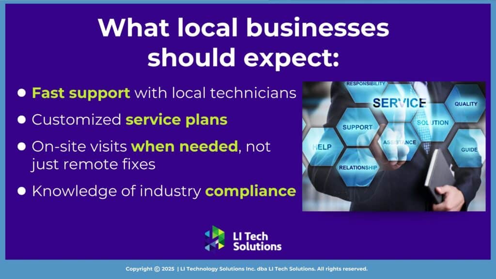 Businessman interacting with service-related virtual interface; what local businesses should expect from IT services.