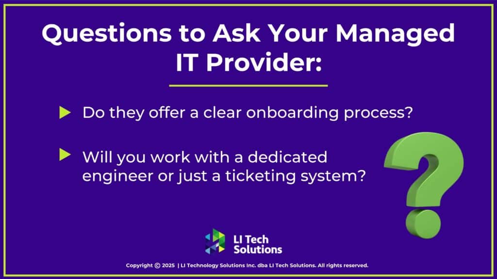 Green question mark with two questions to ask a managed IT provider.