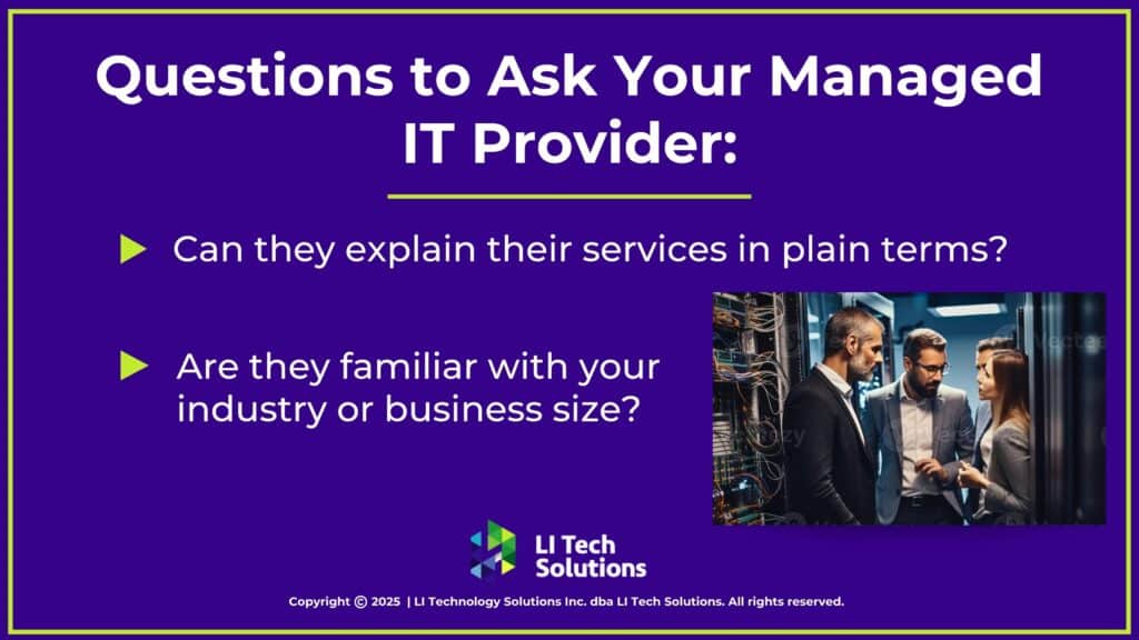 Group of engineers in business attire in modern server room- two questions to ask IT provider.