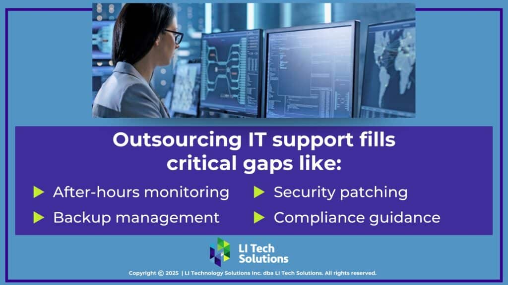 Professional female focused on multiple monitors displaying data- four gaps outsourcing IT support fills.