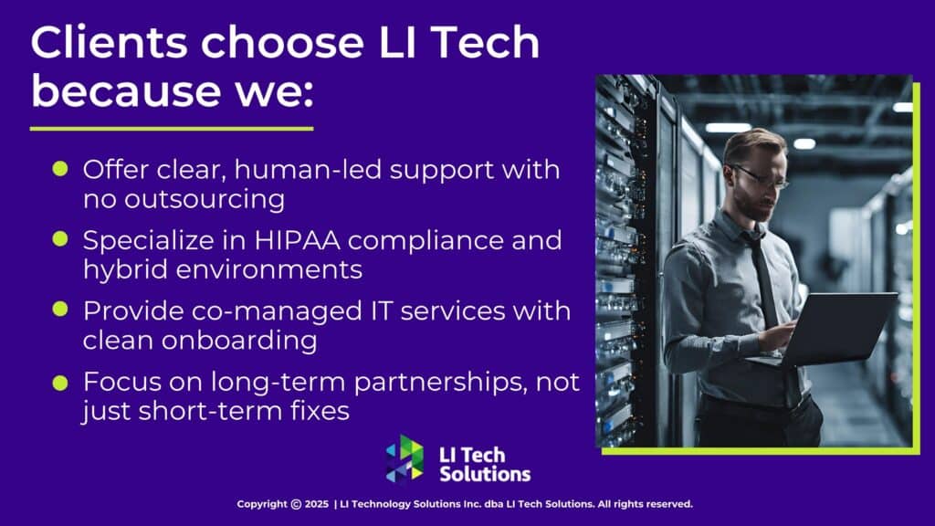 Businessman working on laptop in data center- four reasons to choose LI Tech.