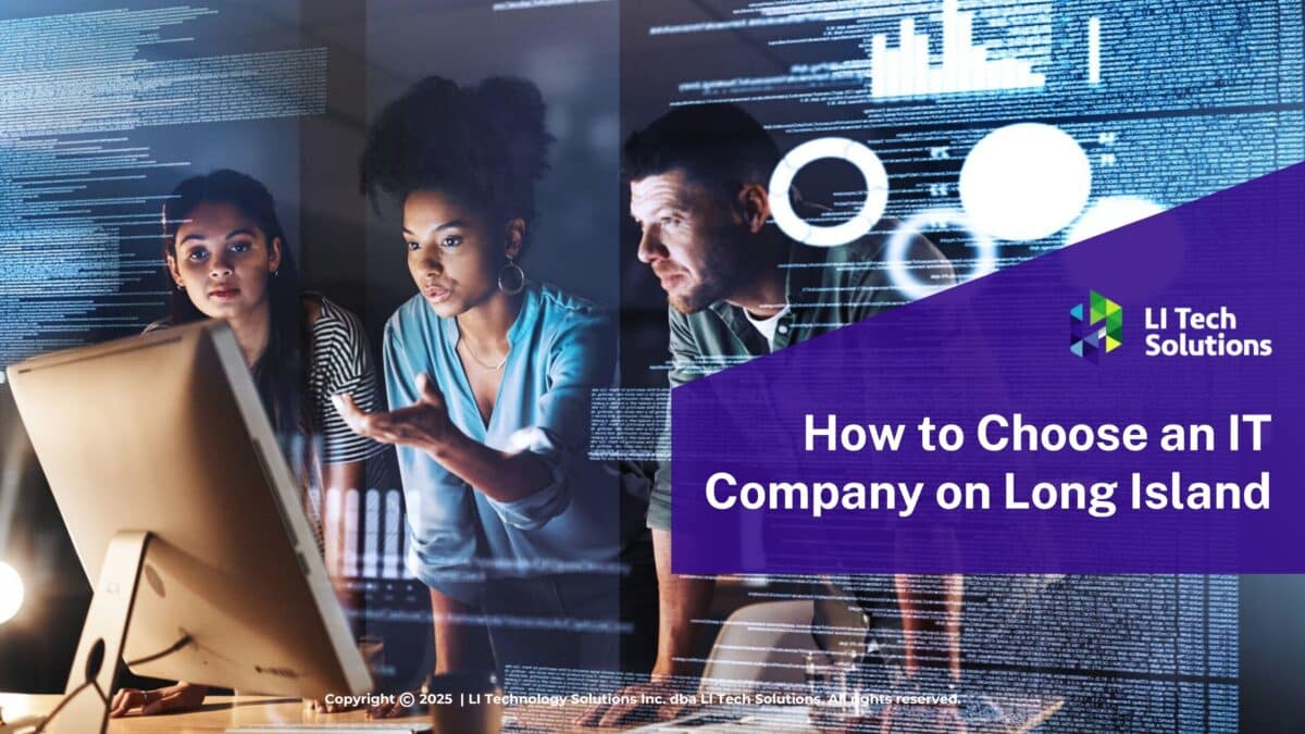 Featured: Three IT tech professionals collaborating in front of computer screen- How to Choose an IT Company in Long Island.