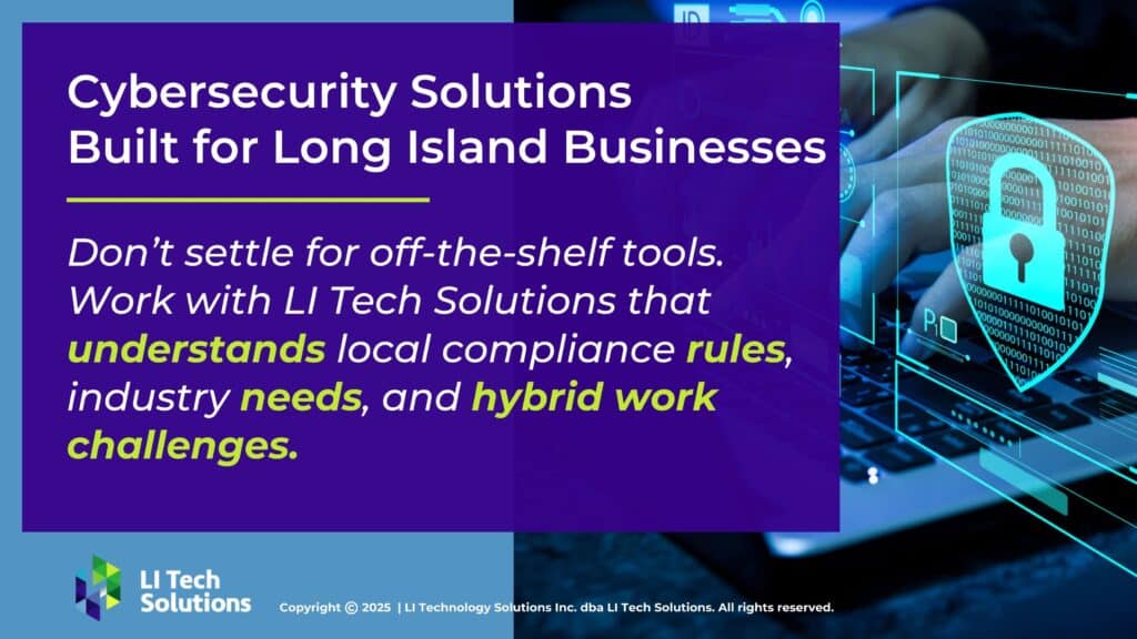 Hands typing on laptop with glowing security icons- Cybersecurity solutions for Long Island businesses.