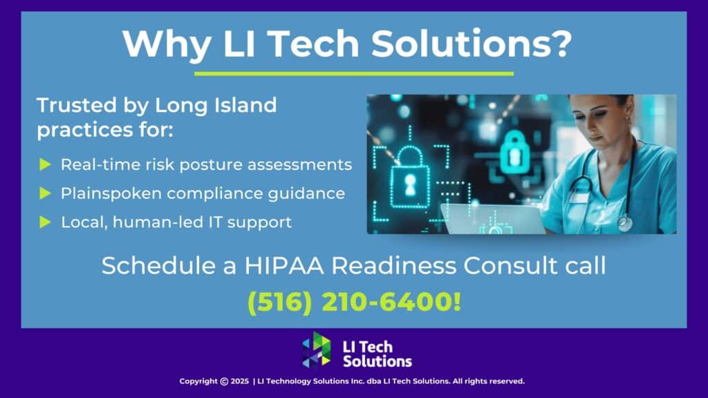 Healthcare professional using laptop with digital lock icons- Schedule a consult with LI Tech Solutions on Long Island.