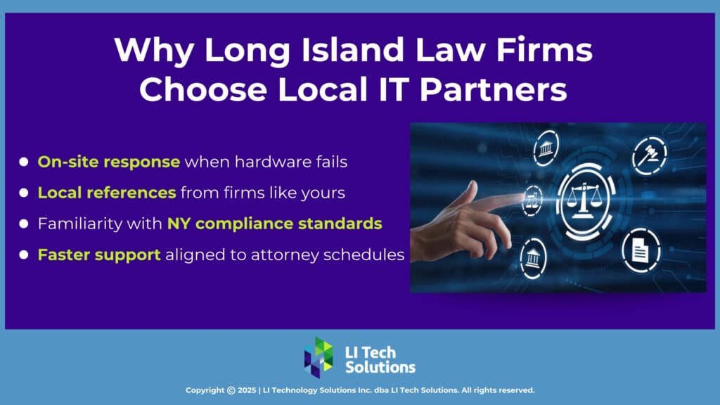 Digital icons representing legal and justice concept. Four reasons Long Island law firms choose local IT partners.
