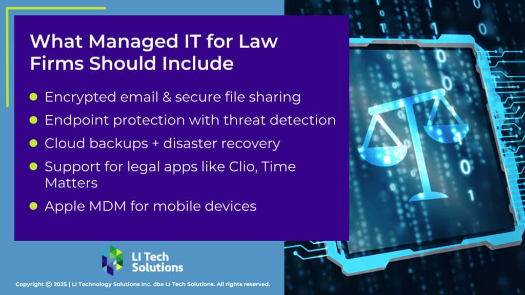 Digital illustration of justice scales. Managed IT for law firms should include five functions.