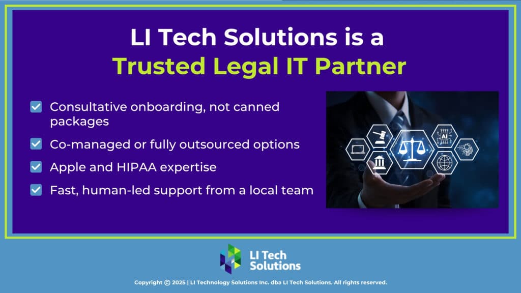 Digital icons representing law, justice, AI & technology- LI Tech Solutions- trusted IT legal partner.