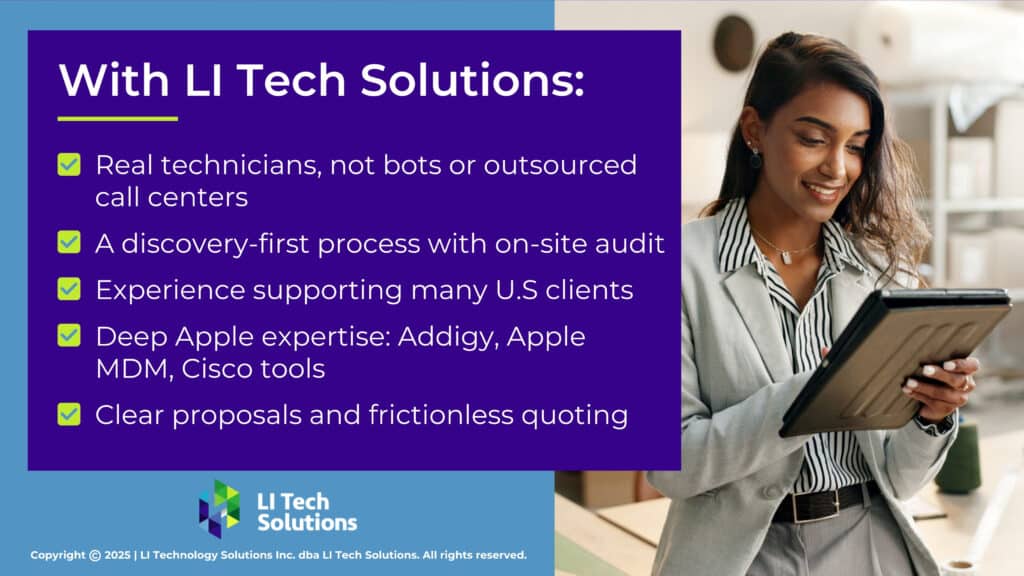 Female business owner using tablet in storage workspace- Five benefits of hiring LI Tech Solutions.