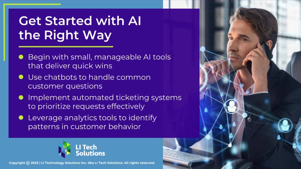 Businessman on phone in office- digital graphics floating around him. Four ways to get started with AI.