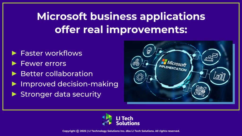 Microsoft implementation digital graphic circled by icons- Five benefits of Microsoft Business Applications.