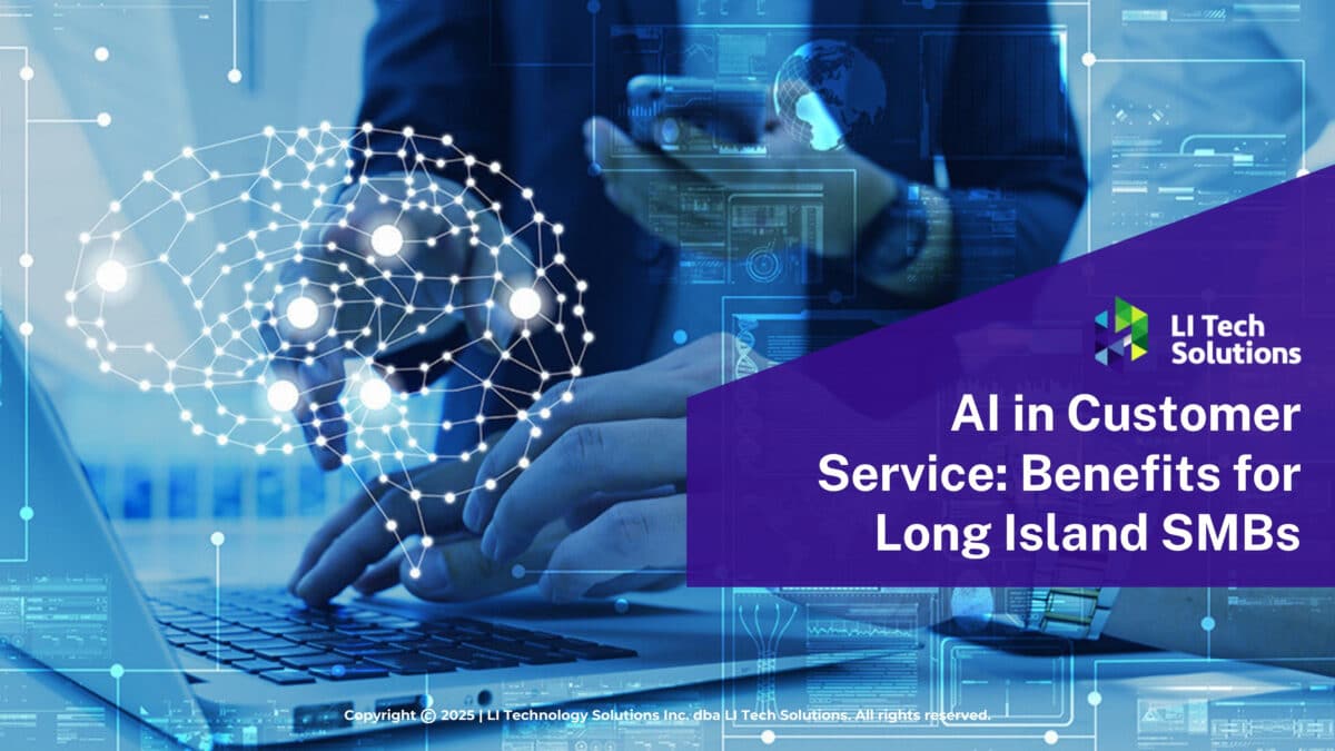 Individual working at laptop surrounded by digital AI brain & data interface- AI in customer service benefits.