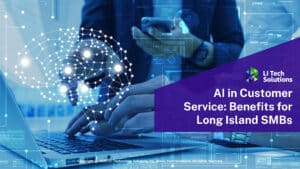 Individual working at laptop surrounded by digital AI brain & data interface- AI in customer service benefits.
