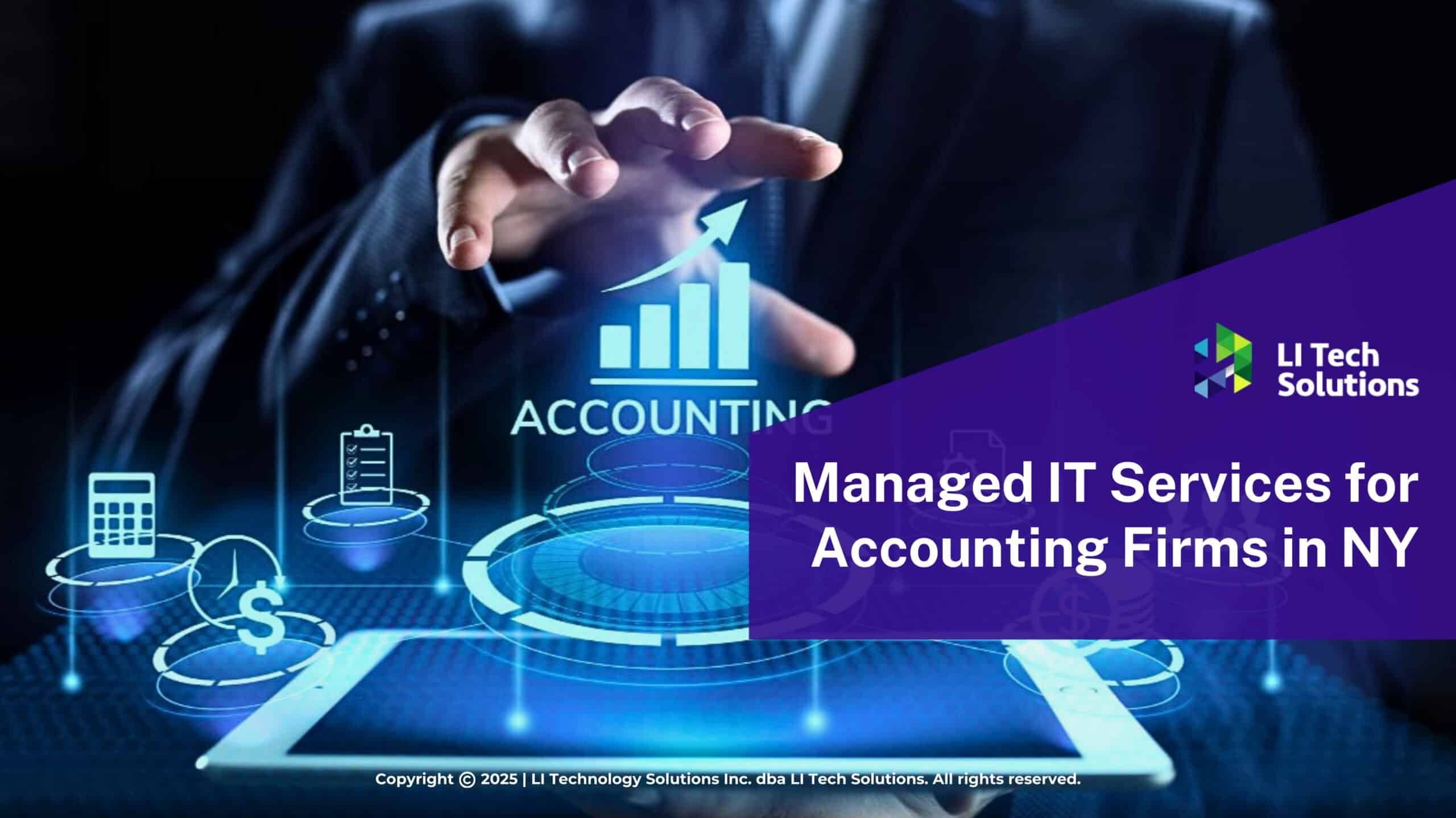 Businessman reaches over digital accounting services icons. Managed IT Services for Accounting Firms in NY.