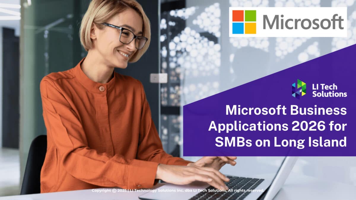 Smiling female professional working at laptop in office- Microsoft Business Applications 2026 for SMBs on Long Island.