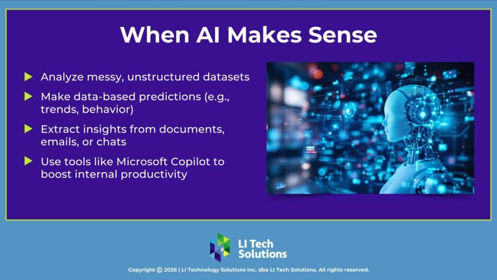 Futuristic AI humanoid figure surrounded by glowing data elements- four reasons businesses need AI.