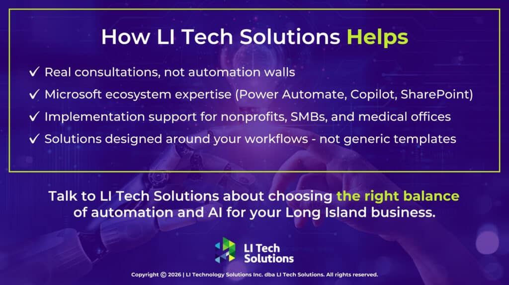 Human hand reaching towards robotic hand on digital interface- four benefits of choosing LI Tech solutions for Long Island businesses.