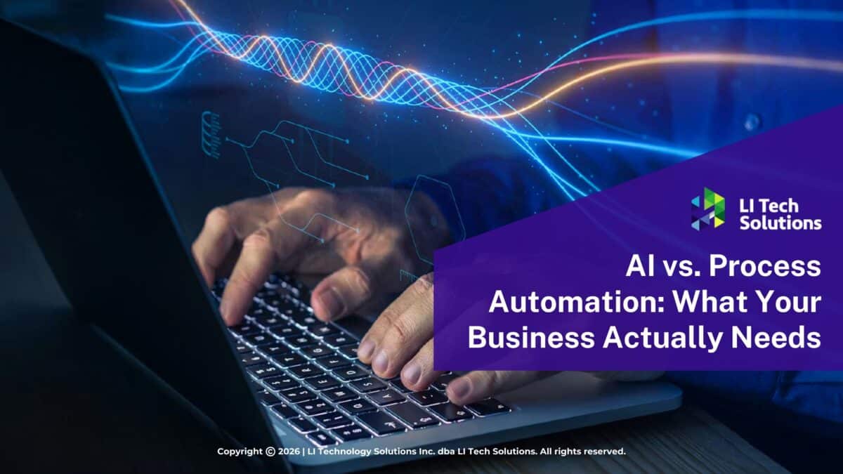 Hands typing on laptop with abstract digital waveforms- AI vs. Process Automation.