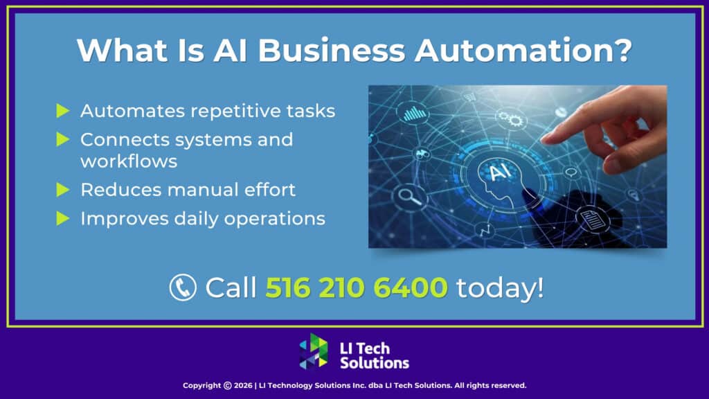 Hand points to a digital AI interface. Four facts about AI business automation.