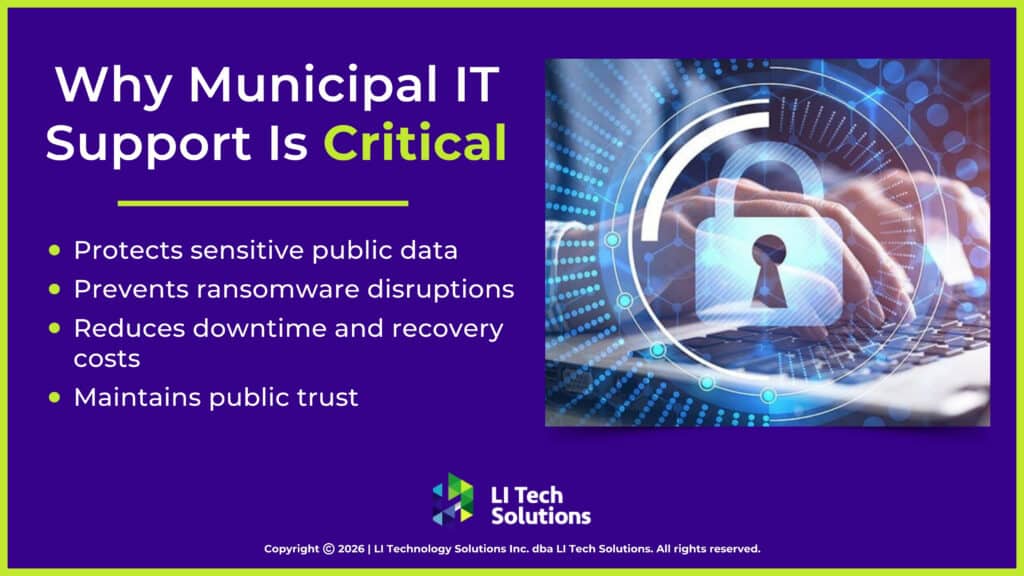 Hands typing on laptop with digital padlock security icon. Four reasons municipal IT support is critical