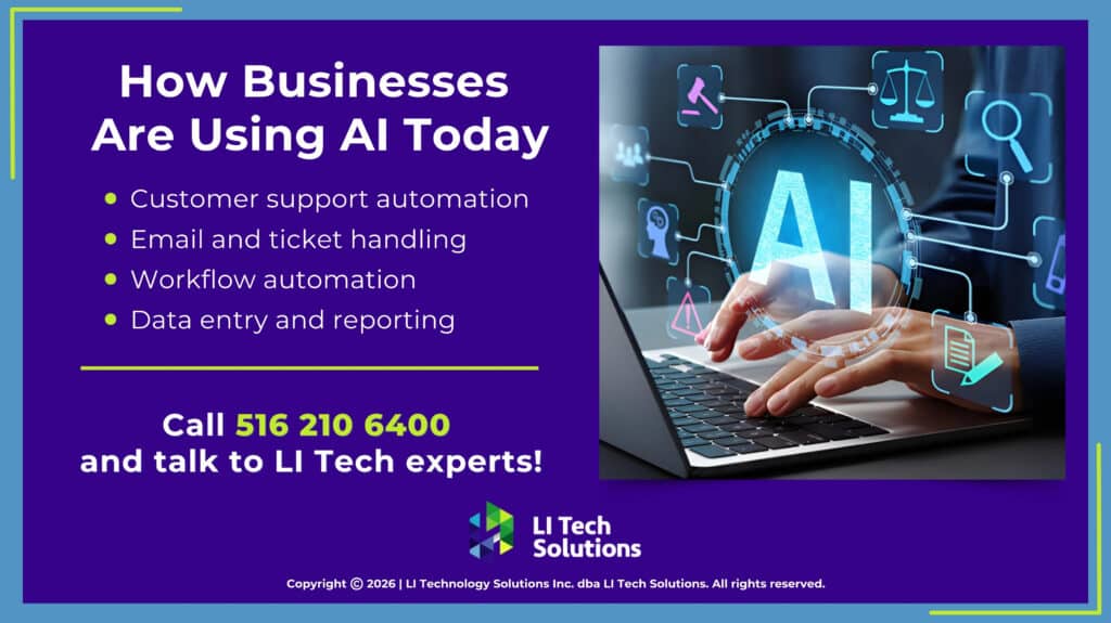 Glowing AI graphic & digital icons overlaid above a keyboard. Four ways businesses are using AI today.