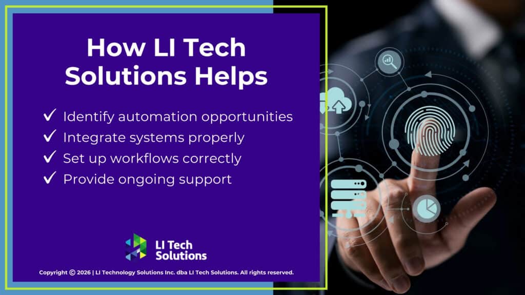 Finger touching glowing fingerprint interface surrounded by digital technology icons. Four ways LI Tech Solutions can help.