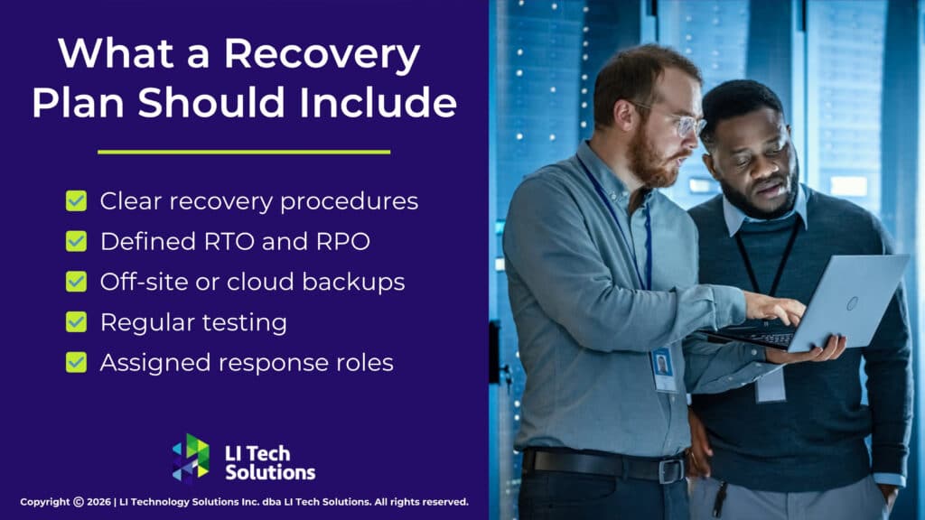 Two professionals review info on a laptop in a server room. A government disaster recovery plan should include five actions.