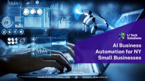 Person typing on keyboard with AI futuristic digital data screen. Article title.