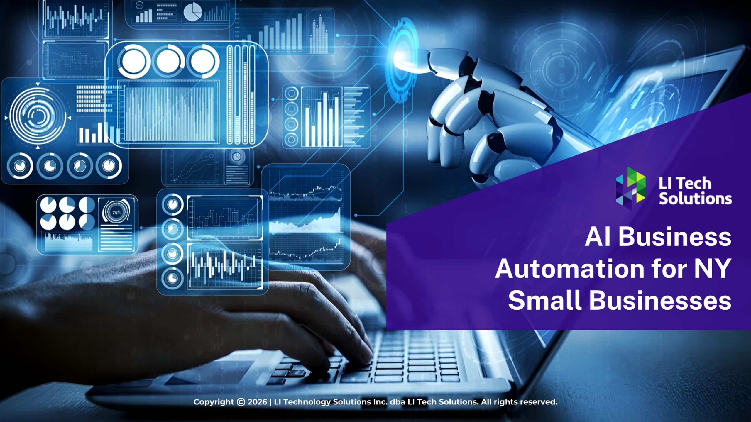 Person typing on keyboard with AI futuristic digital data screen. Article title.