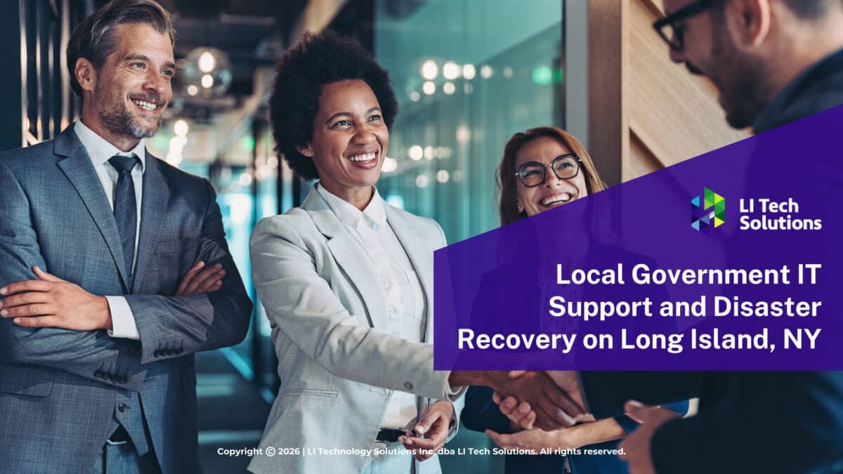 Business professionals smile & shake hands in office hallway. Article title.