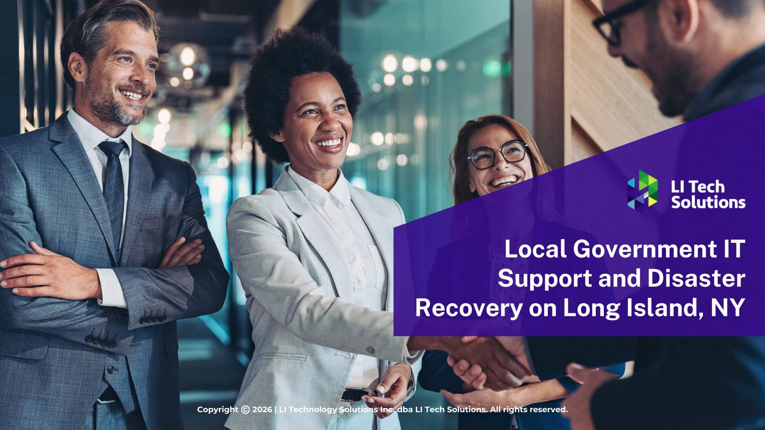 Business professionals smile & shake hands in office hallway. Article title.