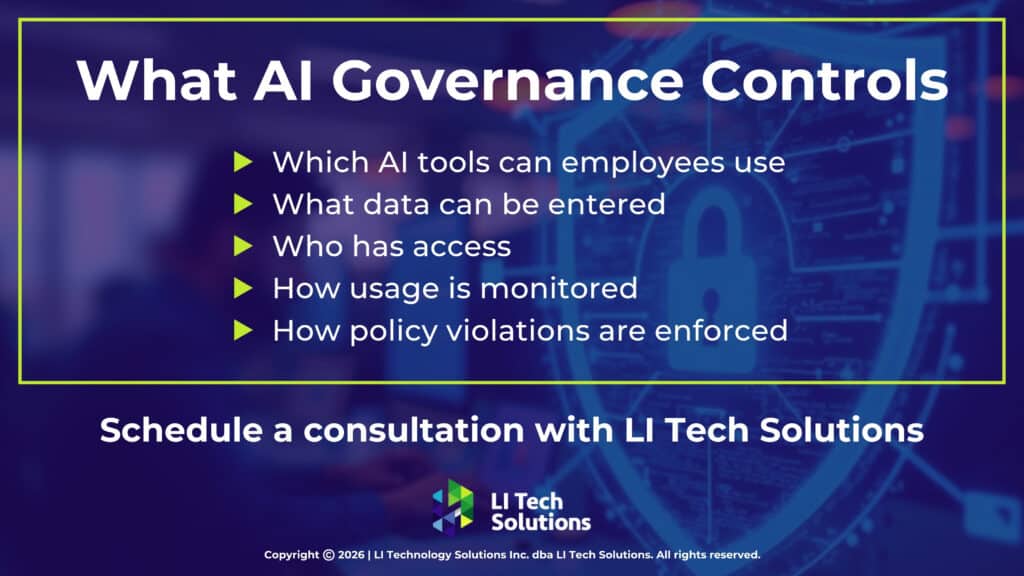 Five areas AI governance for business controls.