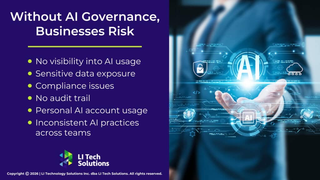 AI concept with AI glowing holograph. Six risks listed businesses risk without AI governance.